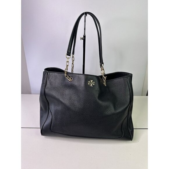 TORY BURCH Carter Black Pebbled Leather Large Tote w/ gold chain - Picture 1 of 12